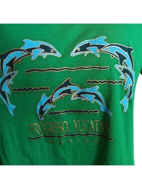 Vintage T-shirt Large Yucatan Mexico 1990s Green Progreso Dolphin New Vacation